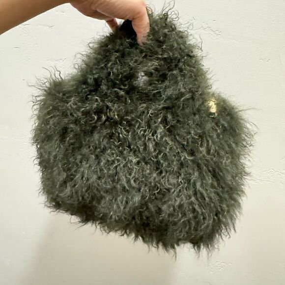 Olive Green Handmade Genuine Curly Shearling Top Handles Bag/Crossbody - Picture 11 of 16